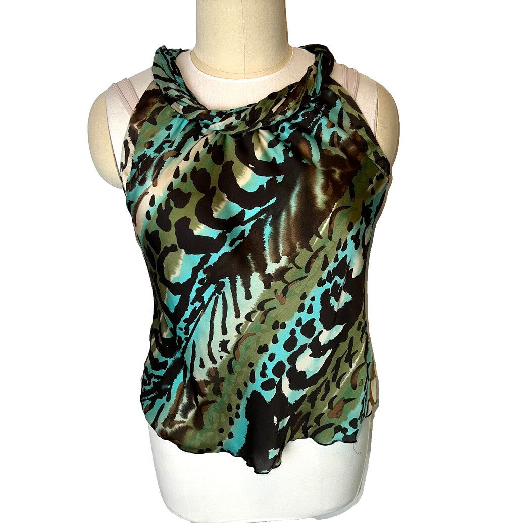 Dress Barn Women's XL Tank Blouse Rolled Neck Abstract Animal Print Swiss Blue